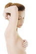 Caucasian adult woman examining her breast