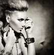 Fashion Rocker Style Model Girl Portrait. Black and White