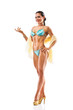 beautiful athletic girl wearing bikini posing over white backgro