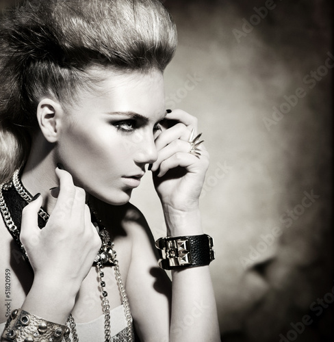Photo: Fashion Rocker Style Model Girl Portrait. Black and White Fashion Rocker Style Model Girl Portrait. Black and White
