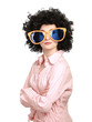 Young woman wearing afro wig and big glasses