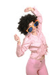 Young woman wearing afro wig and big glasses