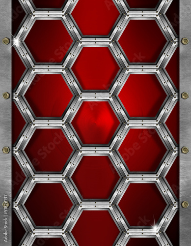 Illustration: Hexagons Grunge Red and Metal Background Hexagons Grunge Red and Metal Background