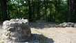 young woman climb stairs hill pass old stone pagan altar