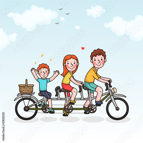 Vector: Family picnic parents and son tandem bicycle Family picnic parents and son tandem bicycle