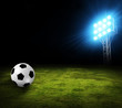 Green soccer field, bright spotlights, illuminated stadium