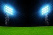 Illustration: Green soccer field, bright spotlights, illuminated stadium Green soccer field, bright spotlights, illuminated stadium