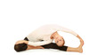 Gymnast girl in flexible back pose, isolated on white background