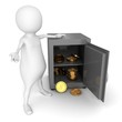 3d man with opened bank safe and golden dollar coins