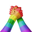 Man and woman in arm wrestlin, rainbow flag pattern