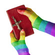 Old hands holding a very old bible, rainbow flag pattern