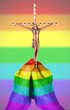 Old woman with catholic crucifix, isolated, rainbow flag pattern