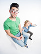 pretty couple dressed casual arguing - view from above