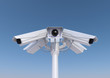 Illustration: 3d render of 6 security cameras on a pole close up. 3d render of 6 security cameras on a pole close up.