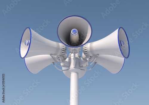 Illustration: 3d render of 6 loudspeakers on a pole. 3d render of 6 loudspeakers on a pole.