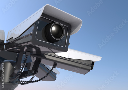 Illustration: 3d render of security cameras on a pole close up. 3d render of security cameras on a pole close up.