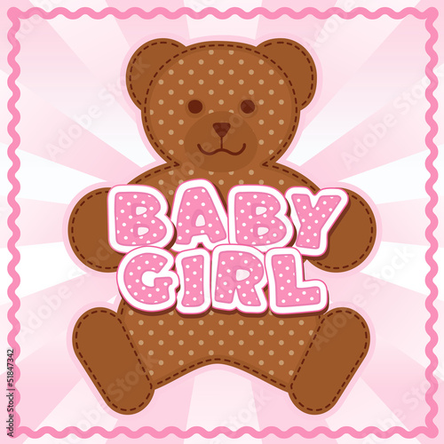 Illustration: Baby Girl Teddy Bear. Pink polka dot letters, rick rack frame. Baby Girl Teddy Bear. Pink polka dot letters, rick rack frame.