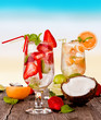Summer drinks with blur beach on background 
