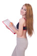 Young woman with notepad writing on white