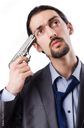 Photo: Businessman committing suicide isolated on white Businessman committing suicide isolated on white