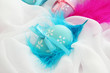 Beautiful easter eggs and decorative feathers, close up