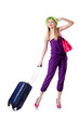 Young woman with suitcase on white