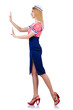 Woman in costume pushing virtual obstacle