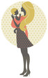 Beautiful mother silhouette with baby in a sling, retro illustra