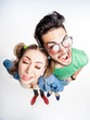 funny couple arguing - view from above wide angle shot