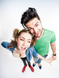funny couple arguing - view from above wide angle shot