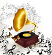 Vector: Creative music background with old gramophone, butterflies and n Creative music background with old gramophone, butterflies and n