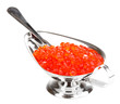 Red caviar in silver bowl isolated on white
