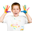 Photo: boy shows his hands painted with paint boy shows his hands painted with paint