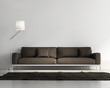 Contemporary elegant living room, brown leather sofa, dark rug