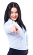 Business woman point finger at you. Isolated on