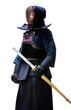 Full length portrait of kendo fighter, isolated on white
