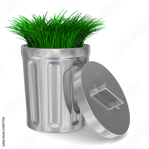 Illustration: Garbage basket and grass on white background. Isolated 3D image Garbage basket and grass on white background. Isolated 3D image