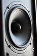 Powerful audio system. Closeup view of black bass power speaker