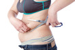 Fat woman cuts off excess fat with scissors. On a white backgrou