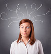 Young girl thinking with arrows overhead