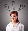 Young lady thinking with question marks overhead