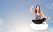 Young woman sitting on cloud with copy space