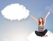Young girl sitting on cloud and thinking of abstract speech bubb