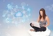 Happy woman sitting on cloud with cloud computing