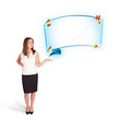 Young woman presenting abstract copy space with graphs and diagr
