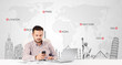 Businessman with world map and major landmarks of the world