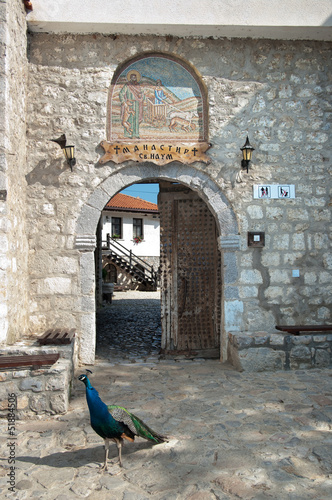 peacock in front of main entrance of Sveti Naum Monastery on Lake Ohrid, Republic of Macedonia