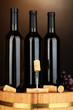 Wine and corks on barrel on brown background