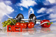 Diet and fitness, dumbell in vitamins 