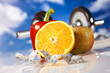 Vegetable and fruit fitness and blue sky